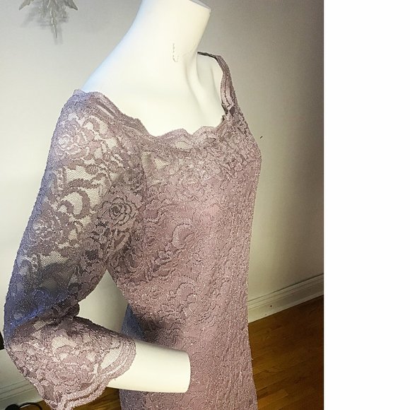 Le Chateau Lace Floral Bodycon Mauve Dusty Lilac Lavender Purple Sparkle dress - Picture 2 of 8